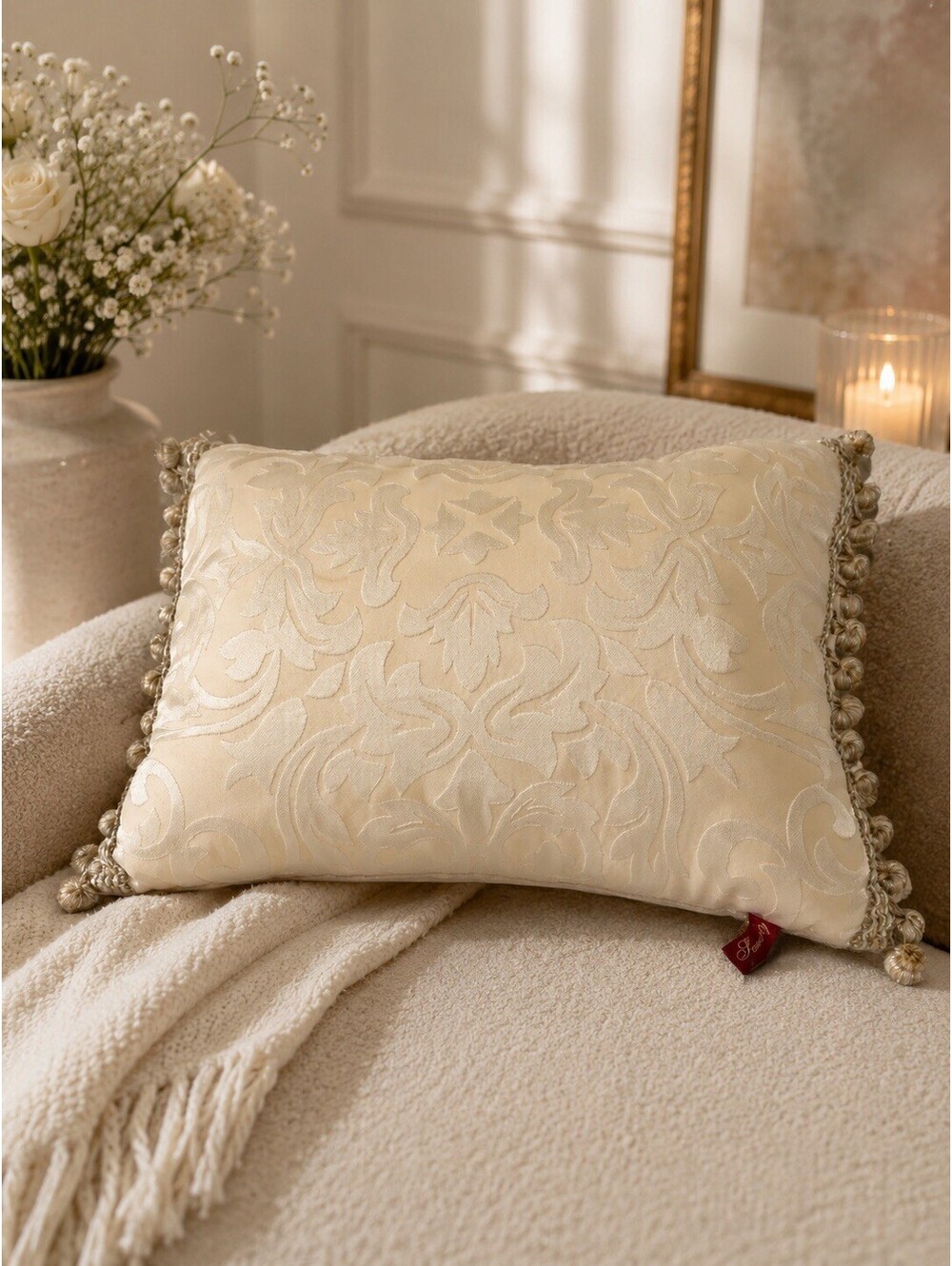 Serendipity Decorative Pillow Elegant Bei damask floral scroll Knotted Tassels